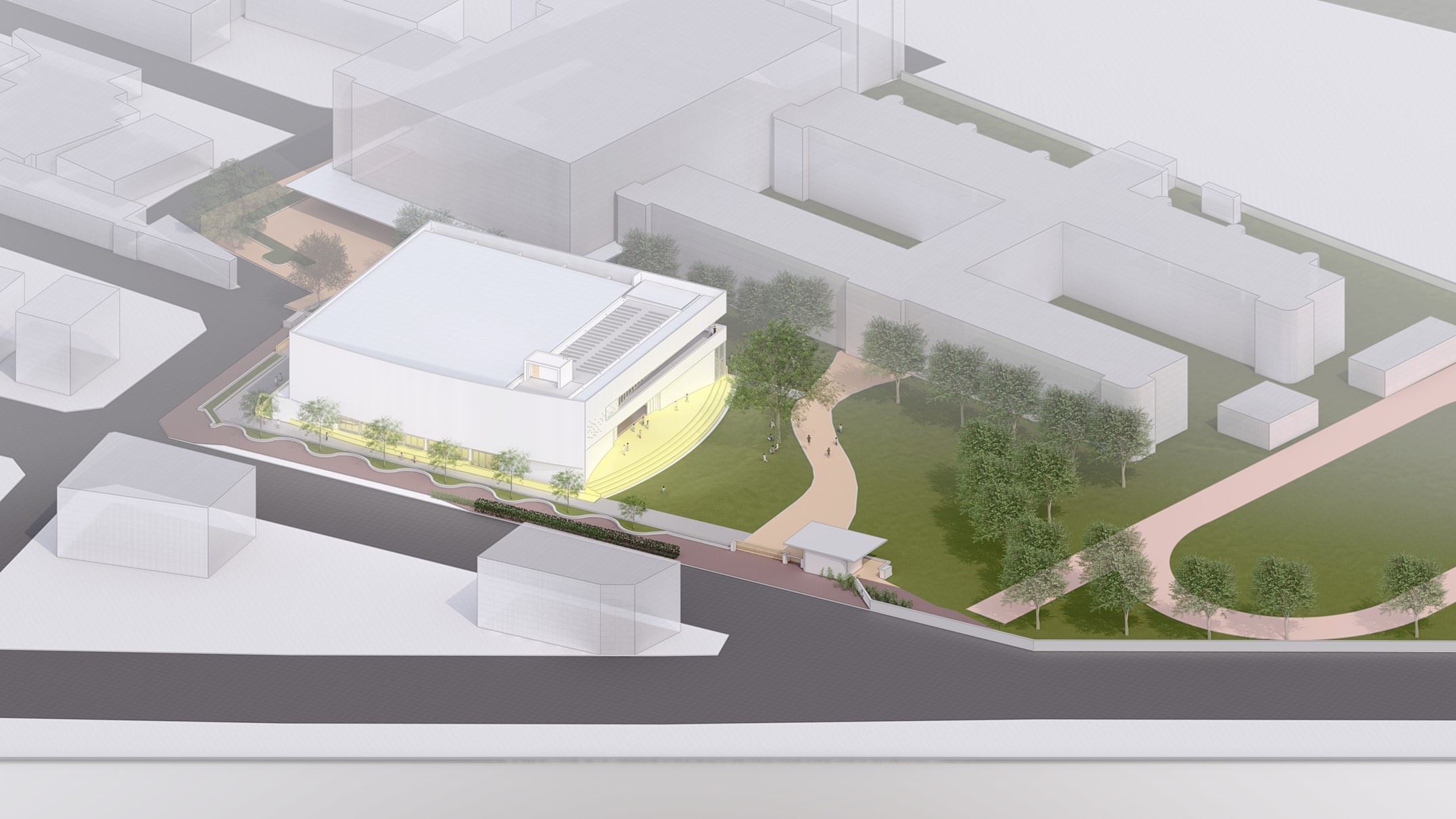 賴人碩建築師以優美線條弱化嘉義市興安國小活動中心大型建築量體的沉重感,立面曲線凹凸產生周邊景觀的包覆感,加強校園開放空間的方向性