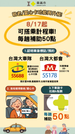 嘉市敬老愛心卡再升級!8/17起搭計程車每趟折50點