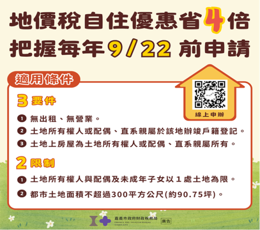 【荷包省起來】嘉義市地價稅優惠申請9/22截止！符合條件稅金秒省4倍以上