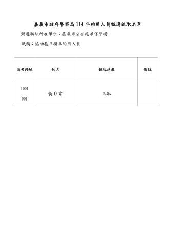 嘉義市政府警察局114年協助拖吊掛車約用人員甄選錄取表