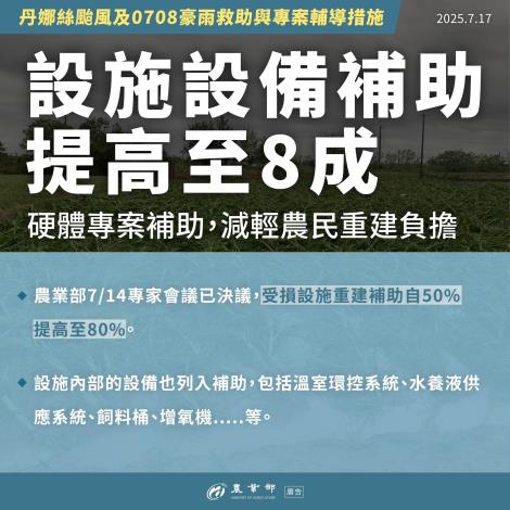 「丹娜絲颱風及0708豪雨救助與專案輔導措施」農漁畜設施設備補助提高到8成