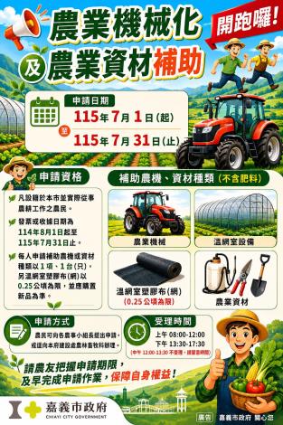 115年度農業機械及農業資材補助開始受理！ 