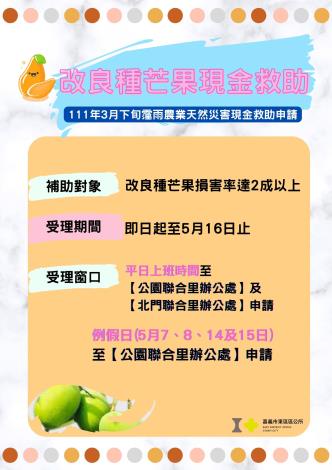 嘉義市為辦理改良種芒果111年3月下旬霪雨農業天然災害現金救助地區