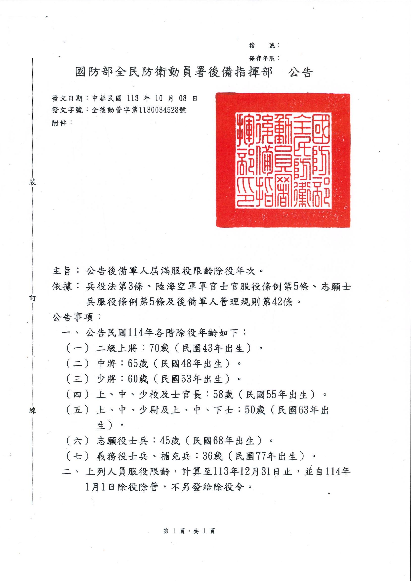 114年後備軍人屆滿服役限齡除役公告