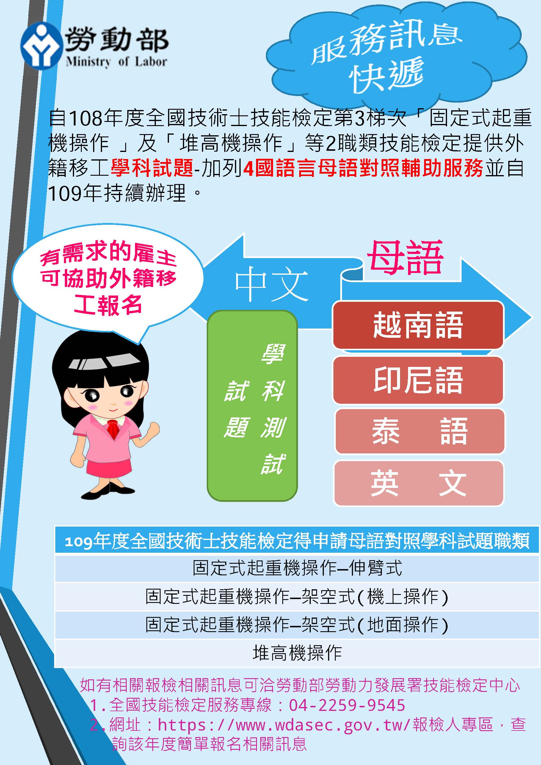 外籍移工報考技術士技能檢定 堆高機 及 固定式起重機操作 得申請學科試題加列母語