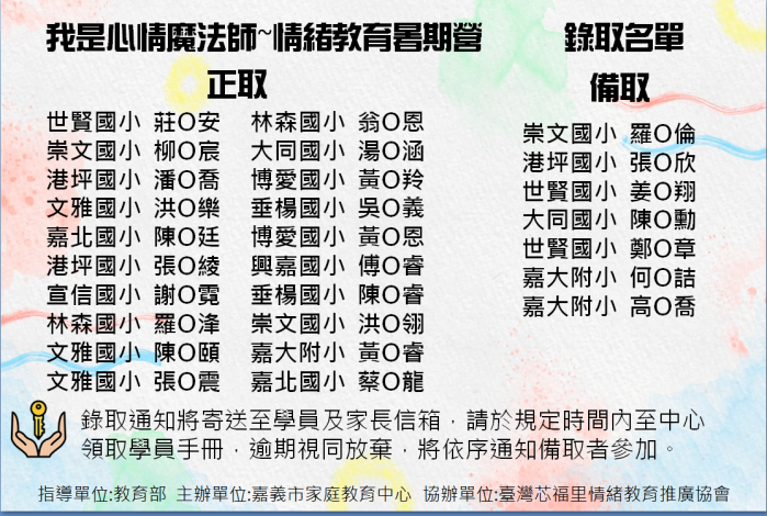 暑期育樂營錄取名單