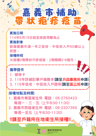 115年嘉義市補助帶狀疱疹疫苗