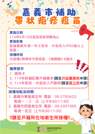 114年嘉義市補助帶狀疱診病毒疫苗